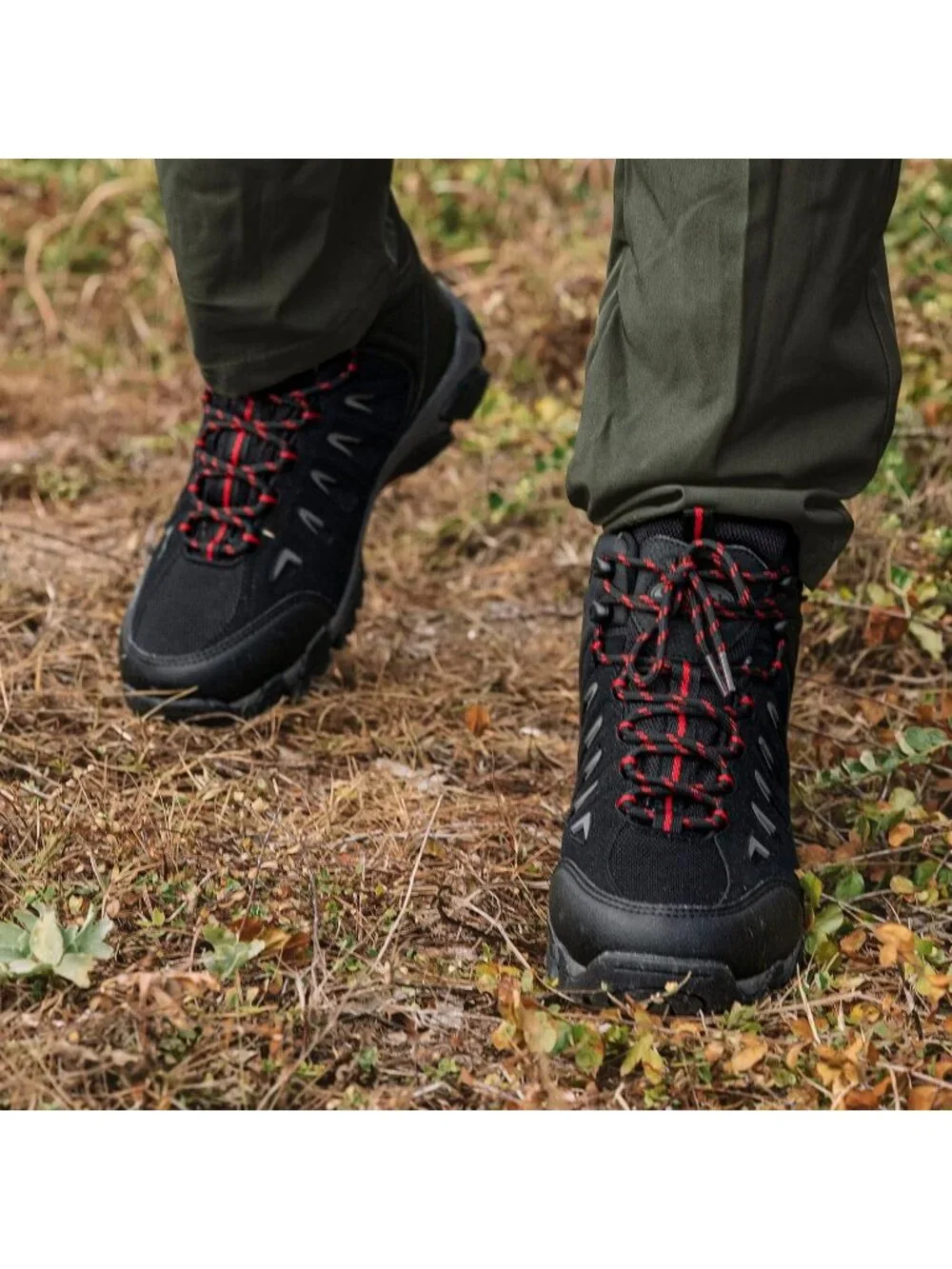 Men's Black Red Waterproof Shoes Casual Mid Top Round Toe Non Slip Hiking Boots